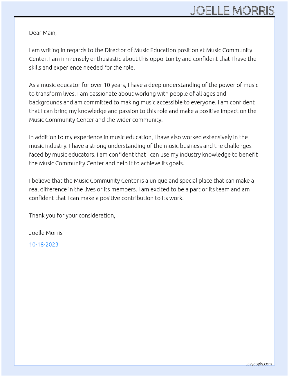 Director of Music Education At Music Community Center Cover Letter