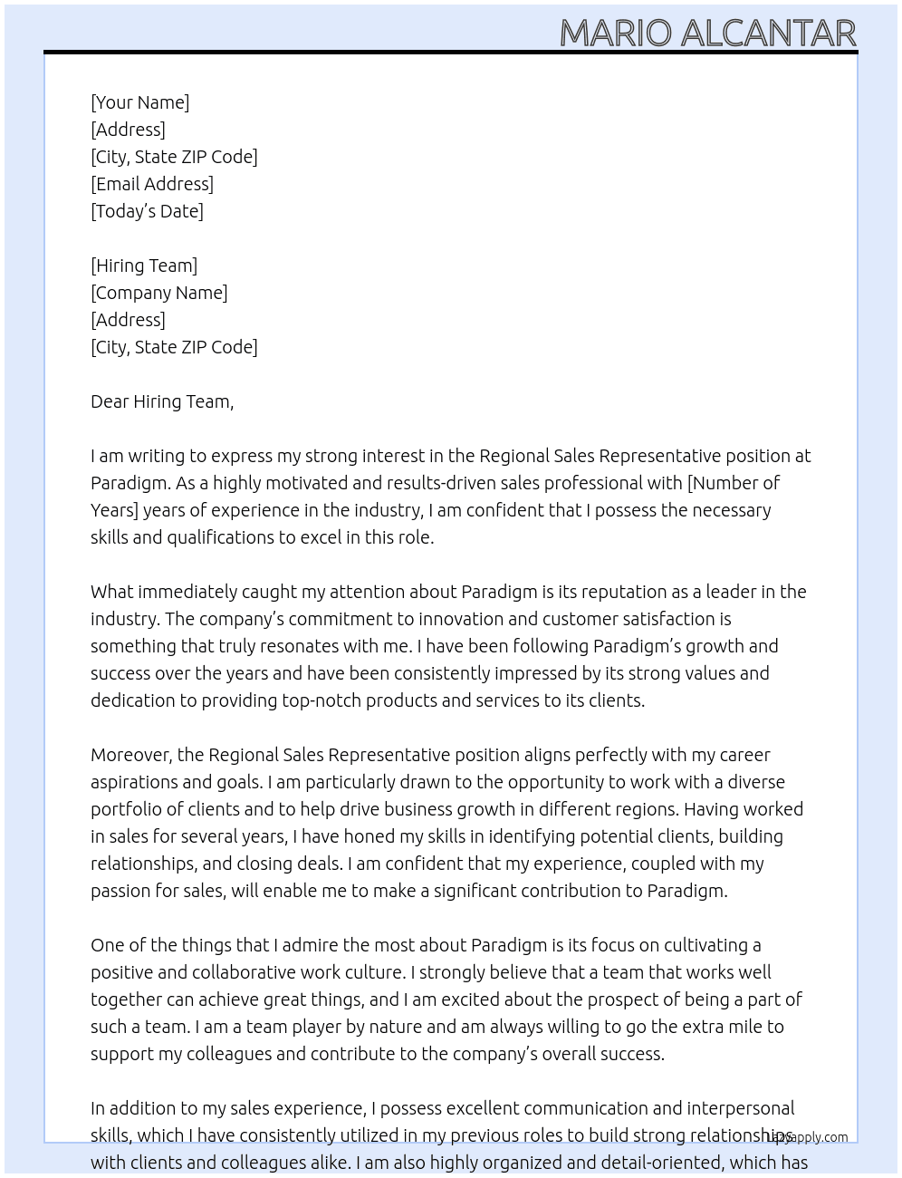 Regional Sales Representative At Paradigm Cover Letter
