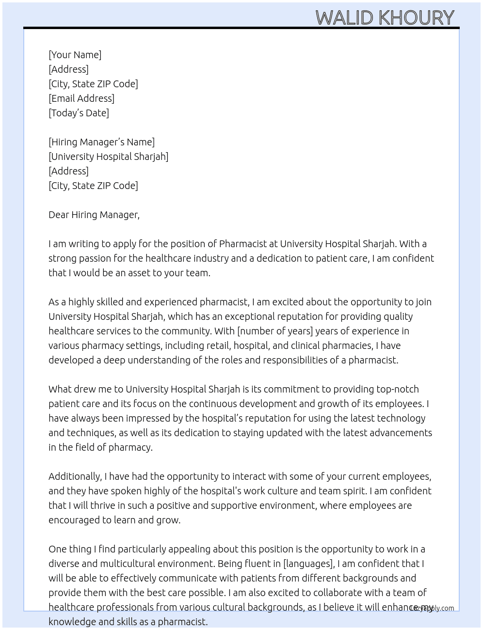 Pharmacist  At University hospital Sharja Cover Letter
