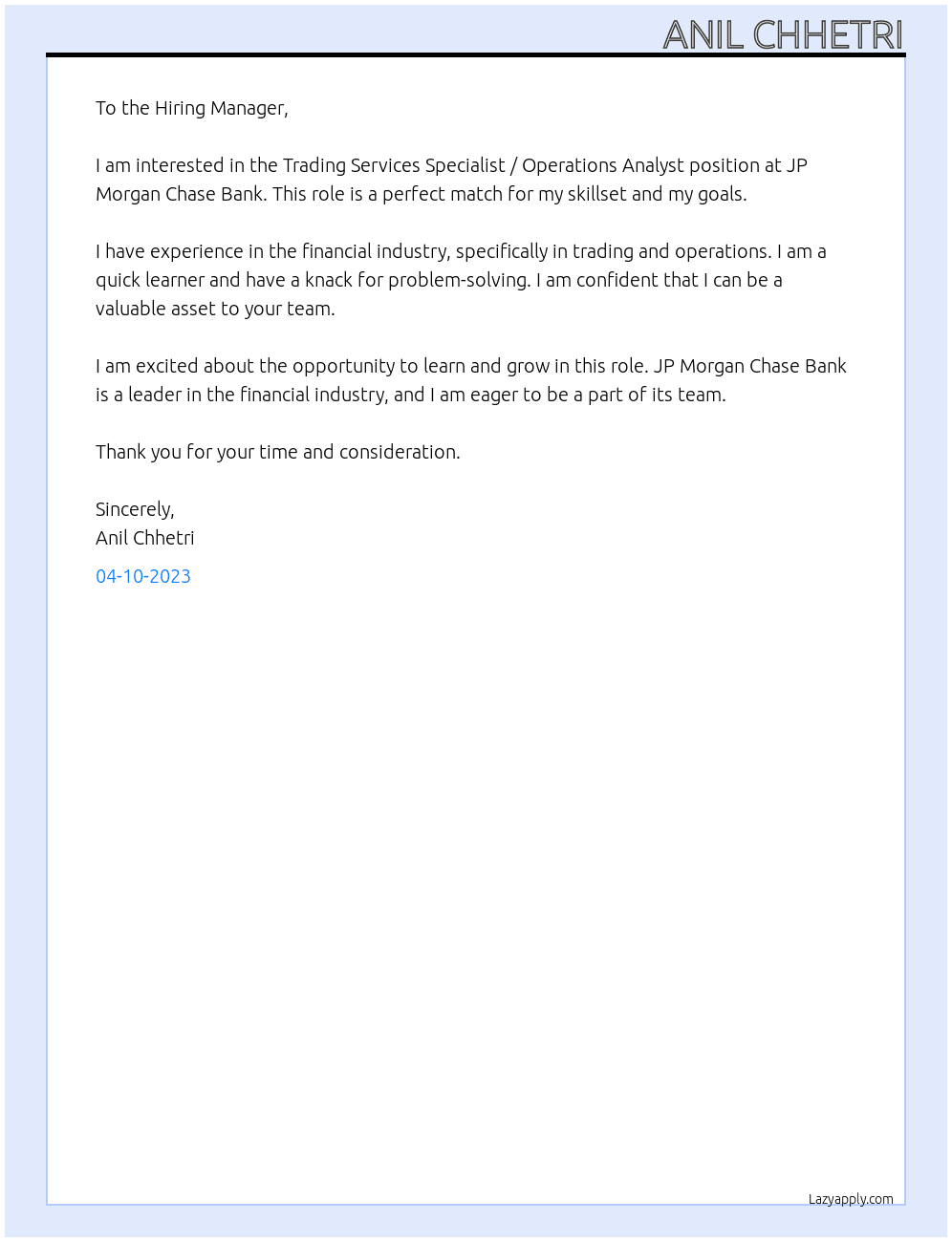 Trading Services Specialist _Operations Analyst At JP morgan chase bank Cover Letter