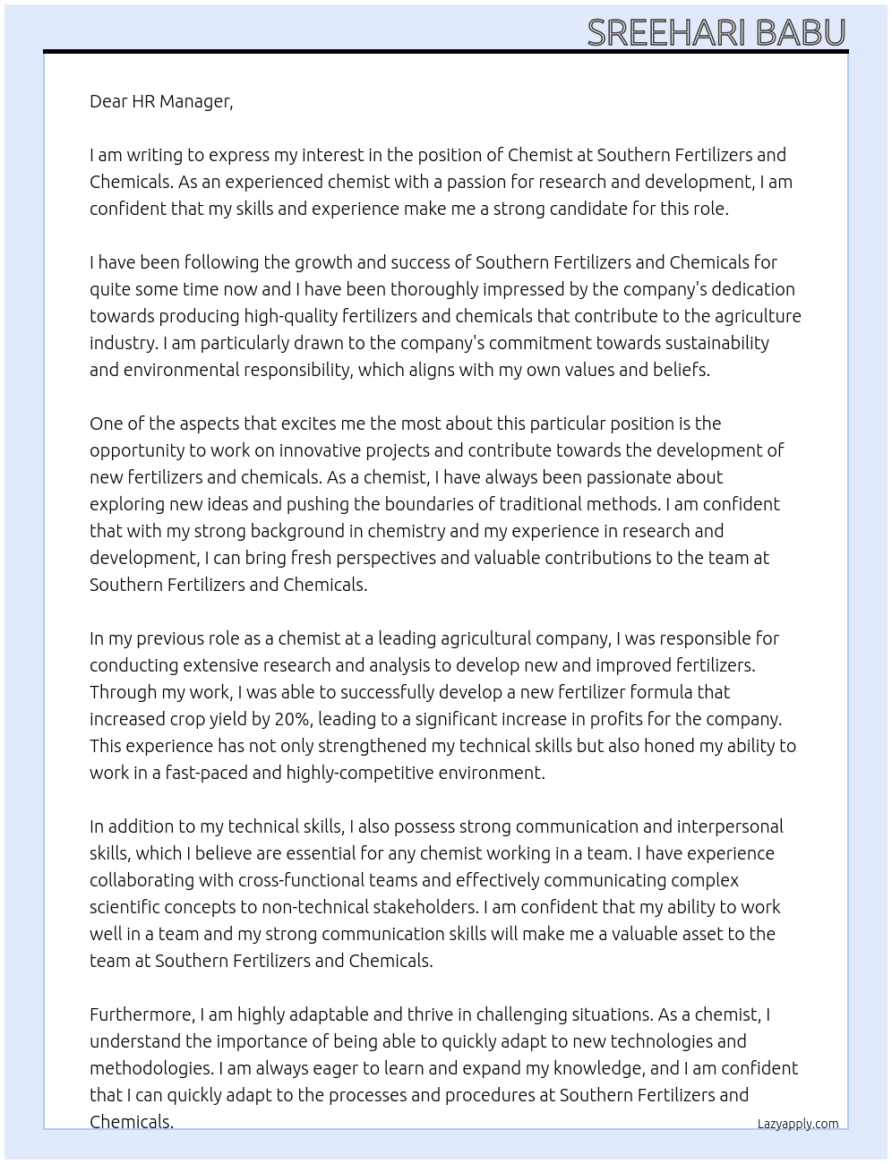 chemist At southern fertilizers and chemicals Cover Letter