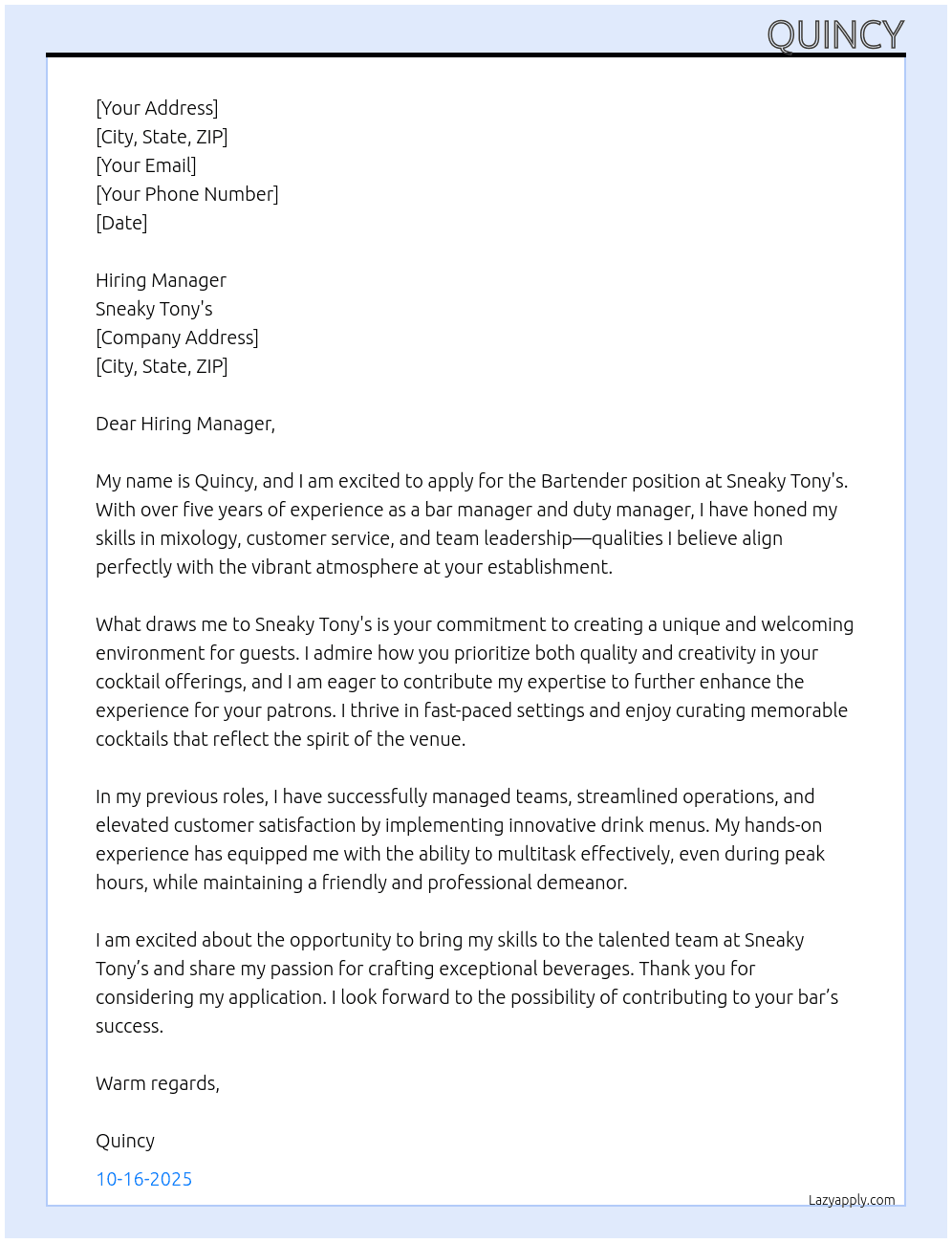 Cover letter for bartender - LazyApply