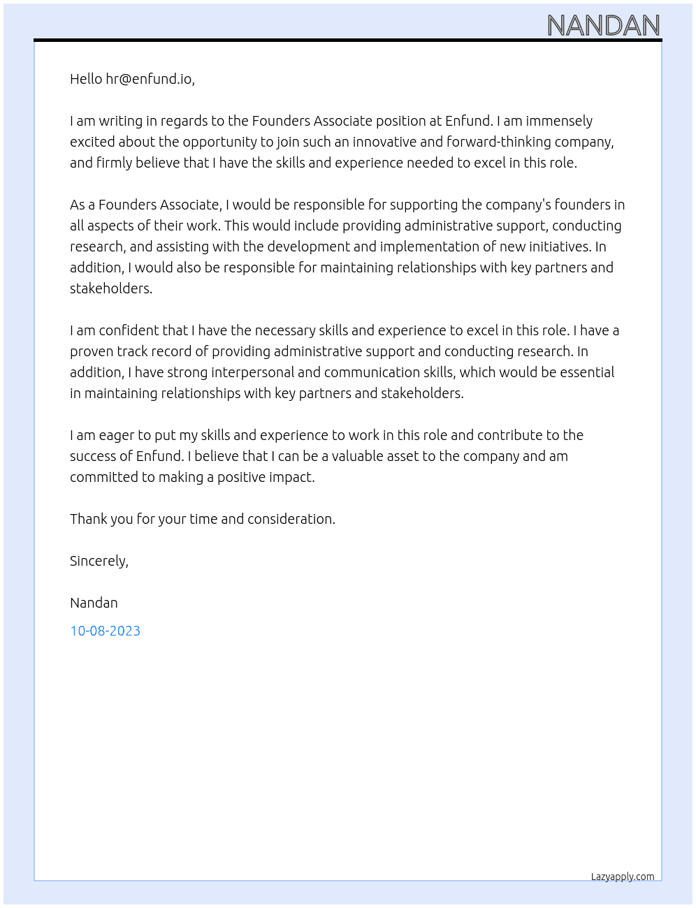 Founders Associate  At Enfund Cover Letter