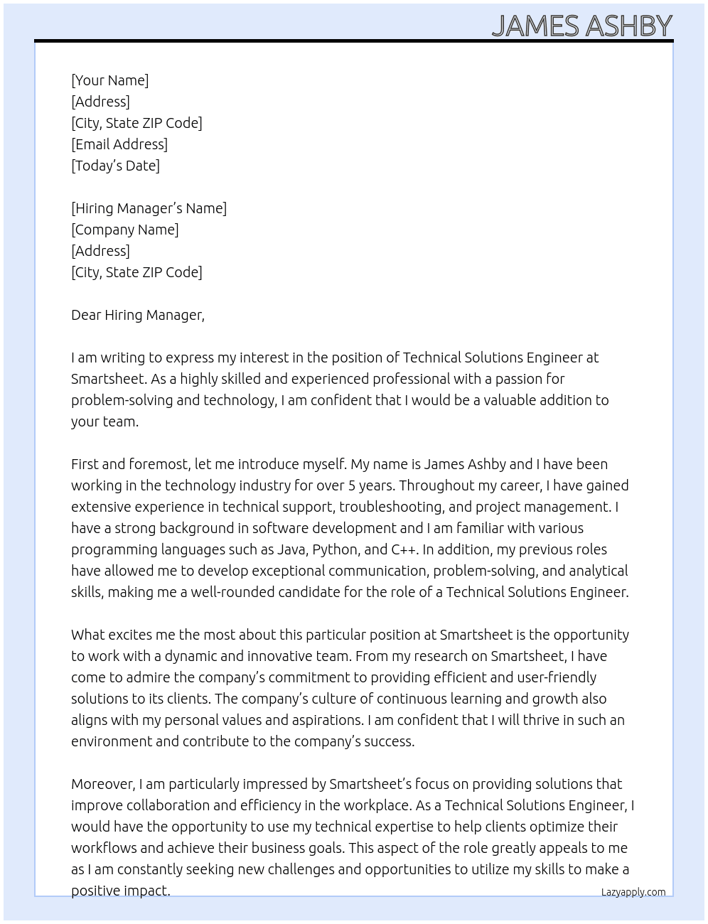 Technical Solutions Engineer At Smartsheet Cover Letter