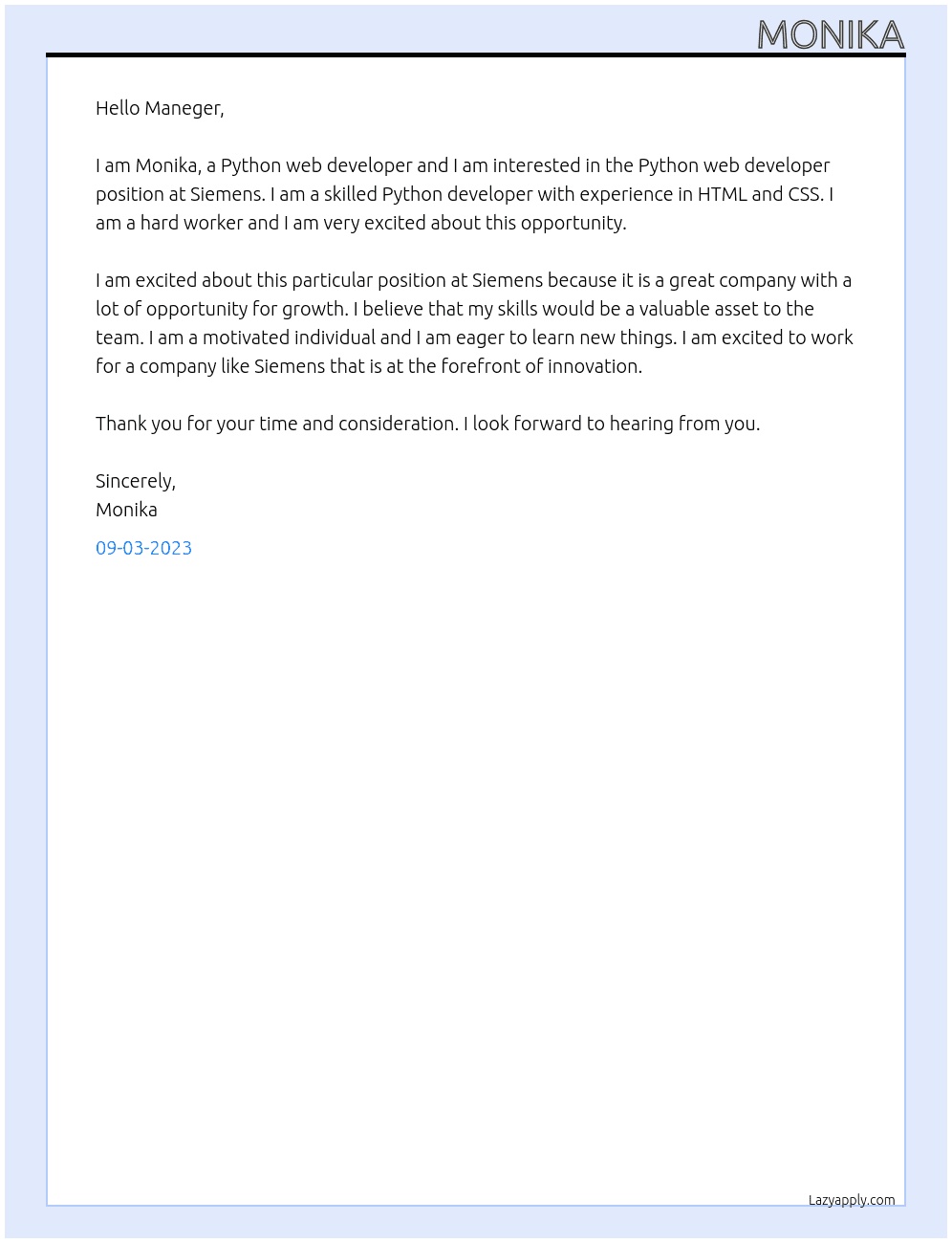 Python web developer At Siemens Cover Letter