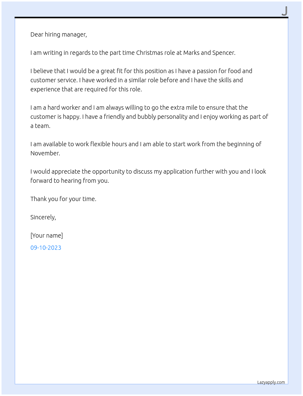 marks and spencer part time christmas role  At marks and spencer foodhall Cover Letter