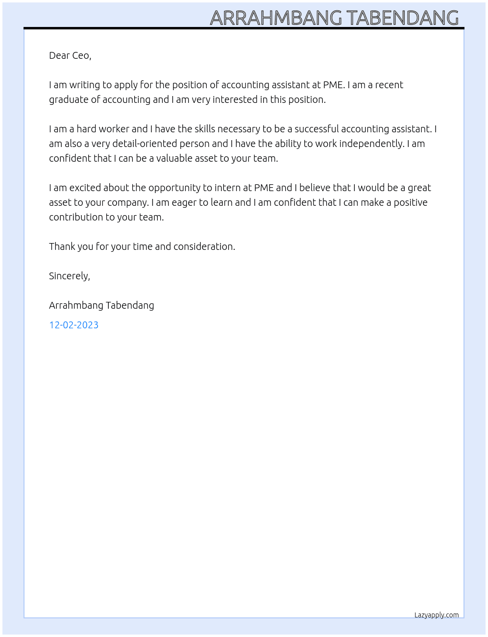 Accounting assistant  At PME Cover Letter