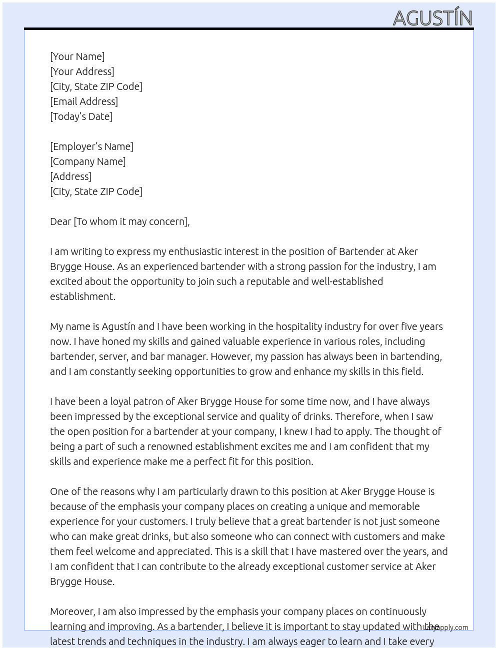 Bartender At Aker Brygge House Cover Letter