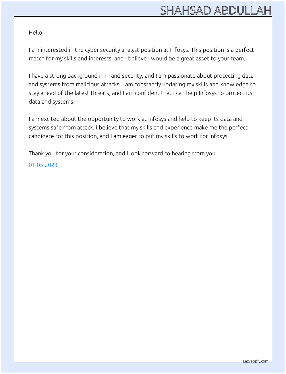 Cover letter for cybersecurrity analyst - LazyApply