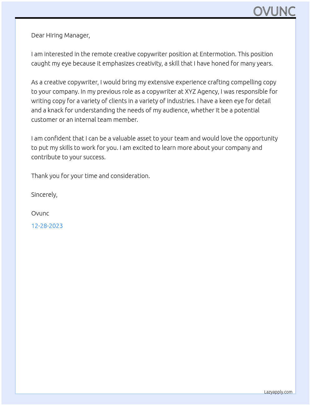 Remote Creative copywriter At Entermotion Cover Letter