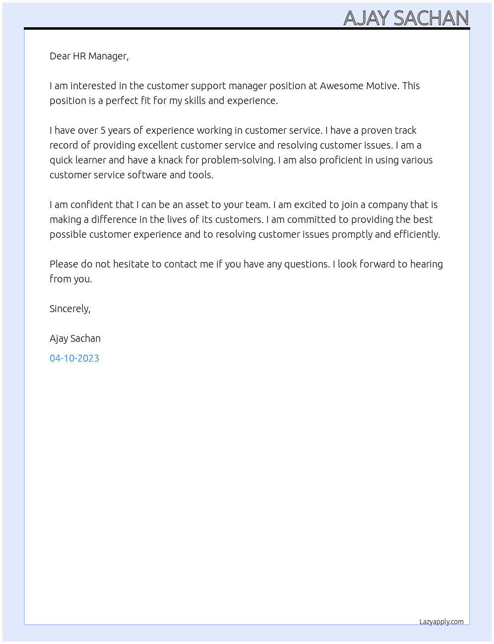 customer support manager At Awesome Motive Cover Letter