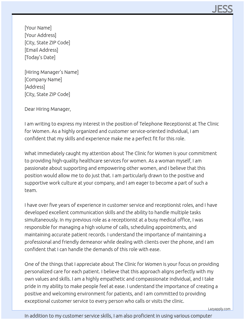 Telephone receptionist At the Clinic for Women Cover Letter