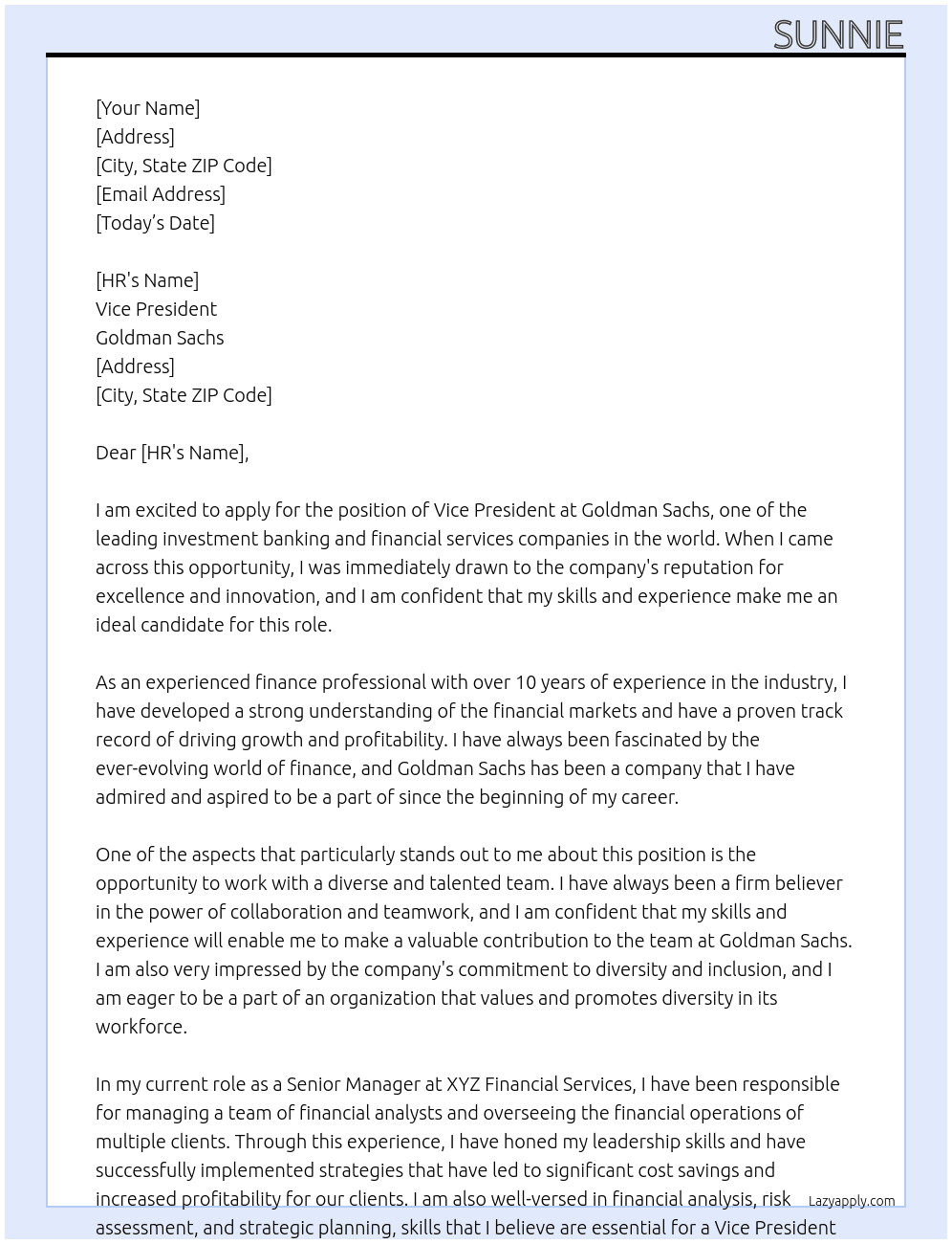 Vice President At Goldman Sachs Cover Letter