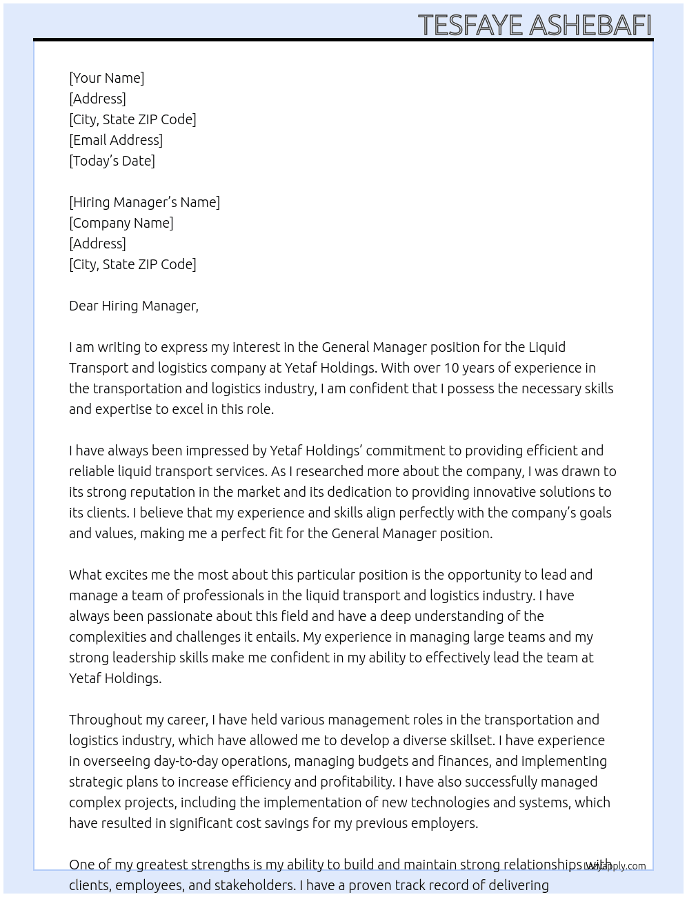 General Manager For Liquid Transport and logistics company  At Yetaf Holdings Cover Letter