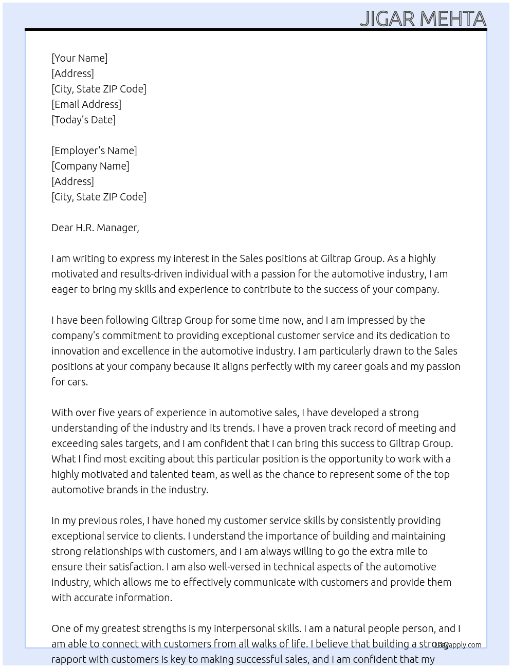 Sales positions At Giltrap Group Cover Letter