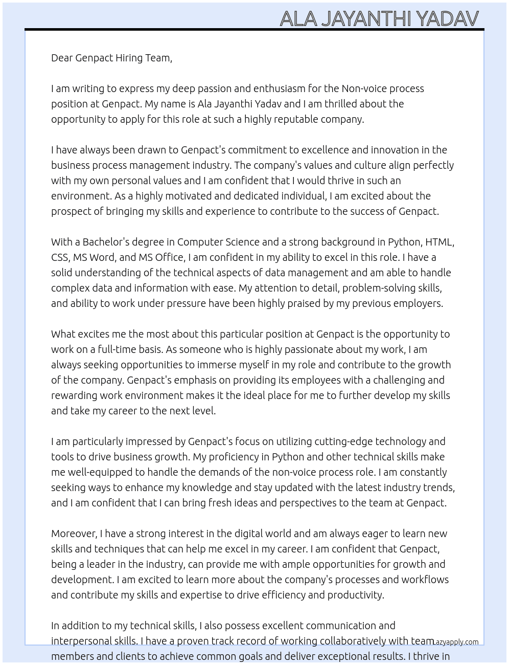 Non voice process At Genpact Cover Letter