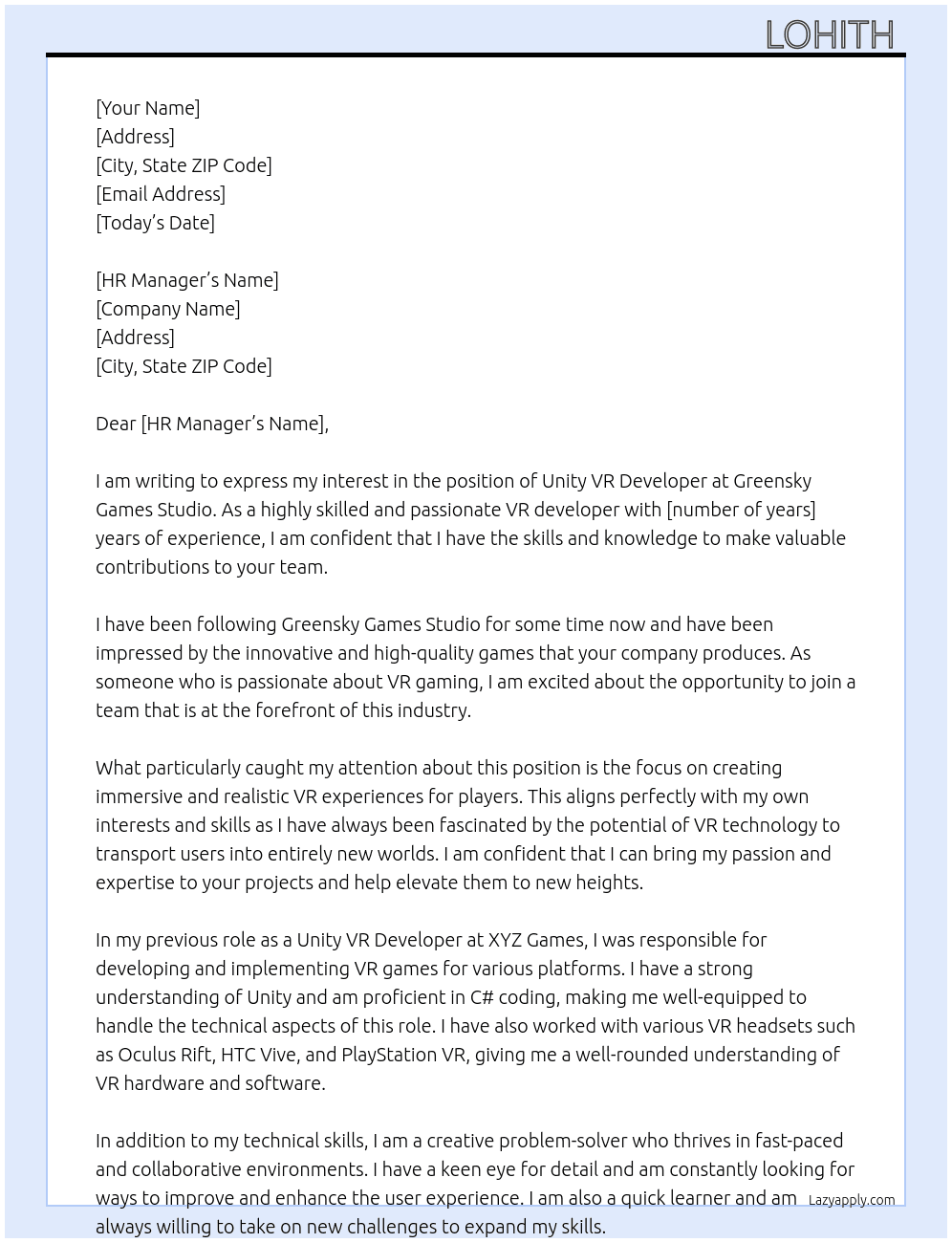 Unity vr developer At Greensky Games Studio Cover Letter