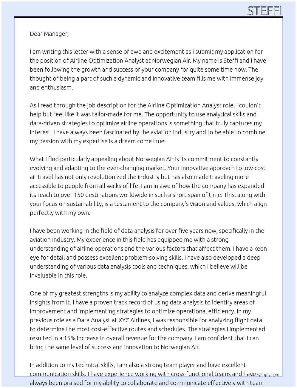airline optimization analyst At norwegian air Cover Letter