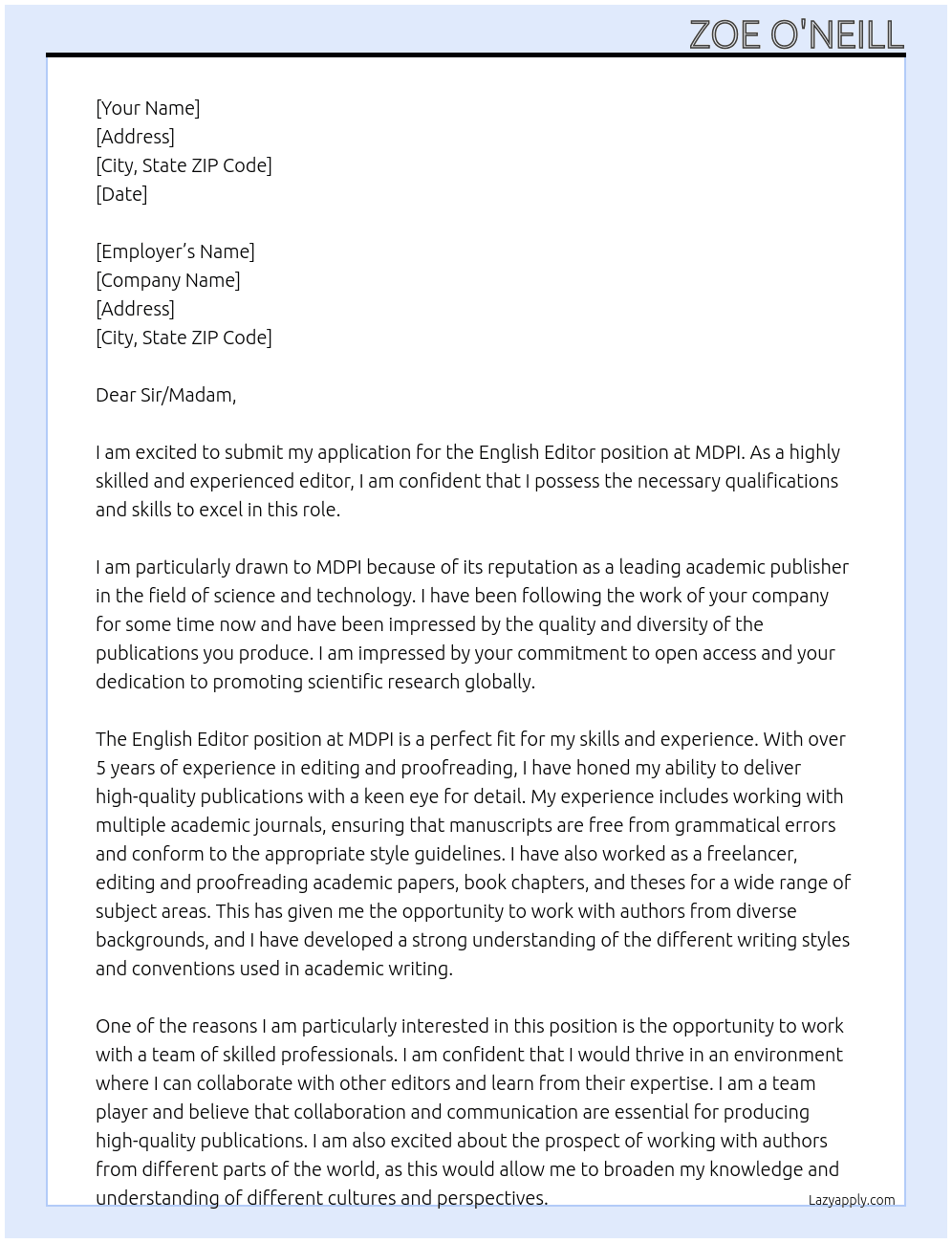 English Editor At MDPI Cover Letter