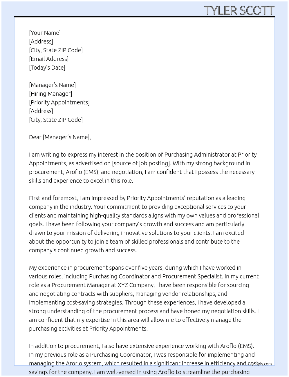 purchasing administrator  At Priority Appointments Cover Letter