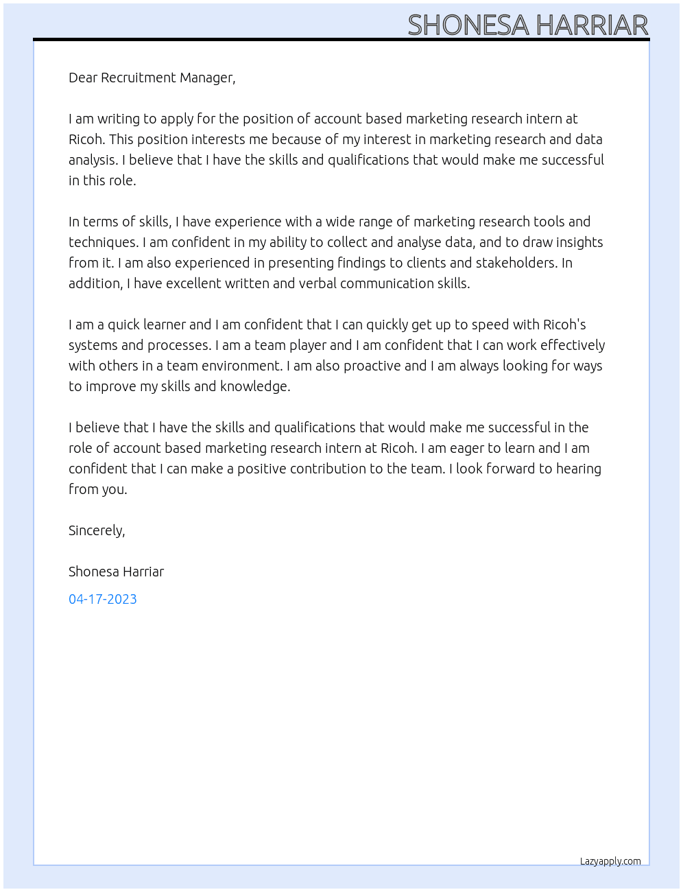 Account based marketing research intern At Ricoh  Cover Letter