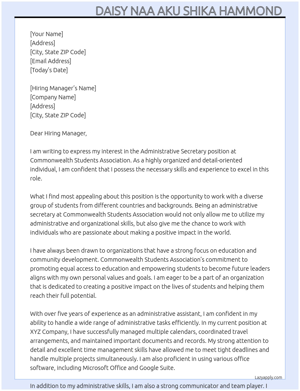 Administrative secretary  At Commonwealth students association  Cover Letter