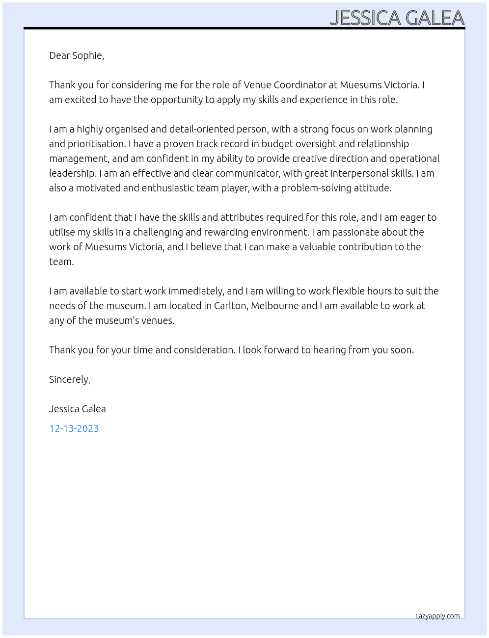 Venue Coordinator At Muesums Victoria Cover Letter