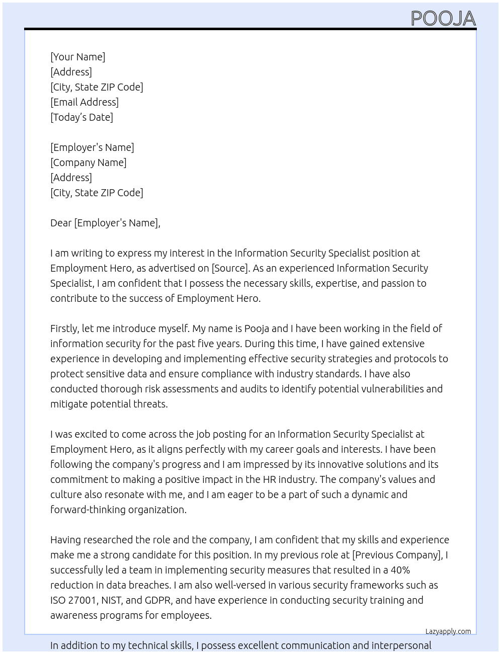 Information Security Specialist At Employment Hero  Cover Letter