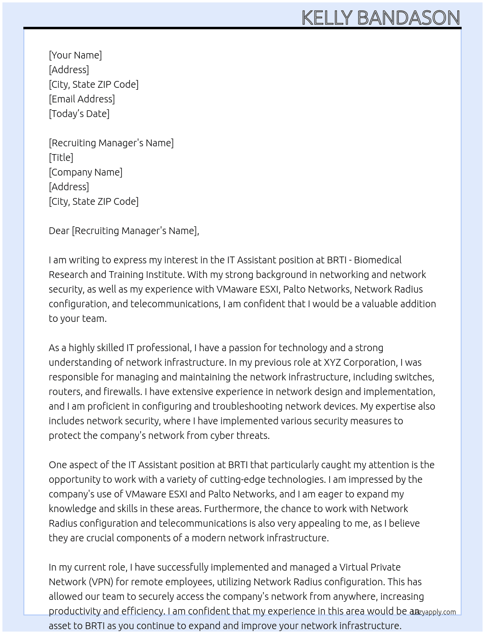 IT Assistant  At BRTI - Biomedical Research and Training Institute Cover Letter