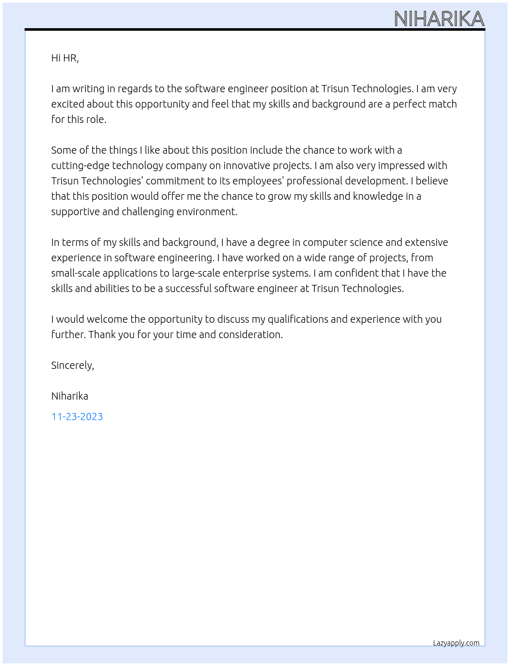 softwareEngineer At Trisun Technologies Cover Letter