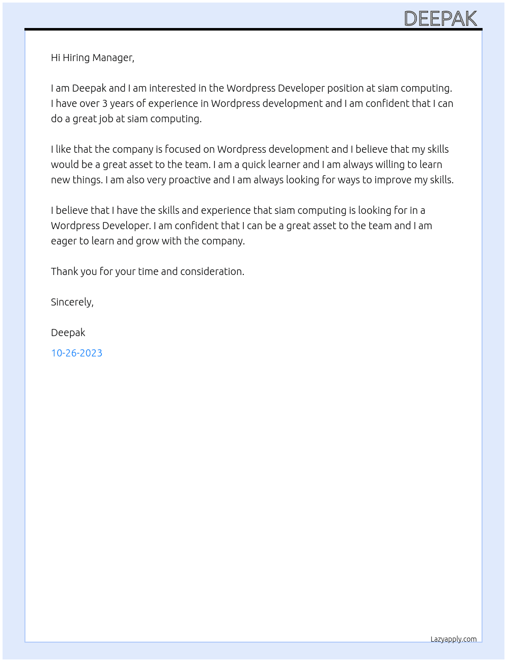 Wordpress Developer At siam computing Cover Letter