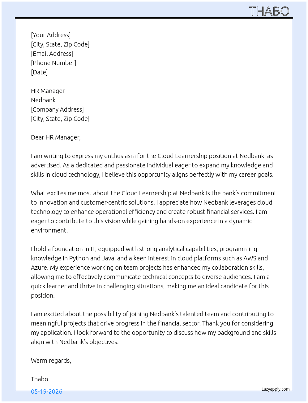 Cloud Learnership At Nedbank Cover Letter