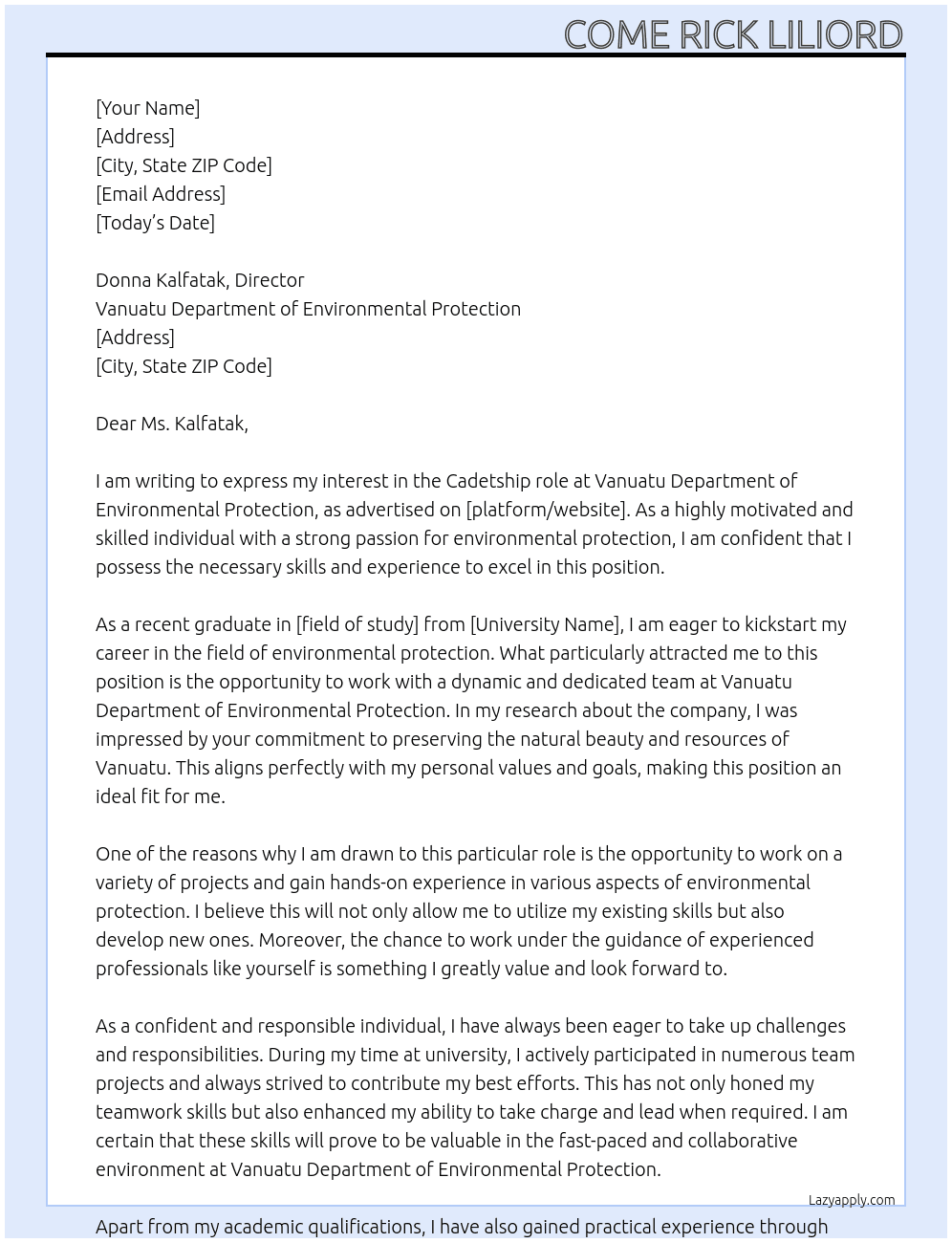 cadetship At vanuatu Department of enviromental protection Cover Letter