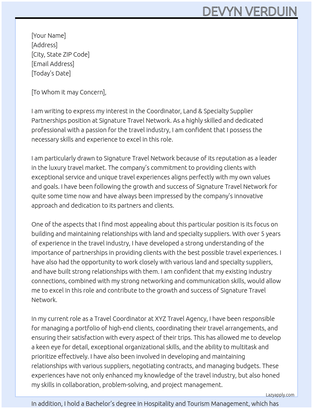 Coordinator, Land & Specialty Supplier Partnerships At Signature Travel Network Cover Letter