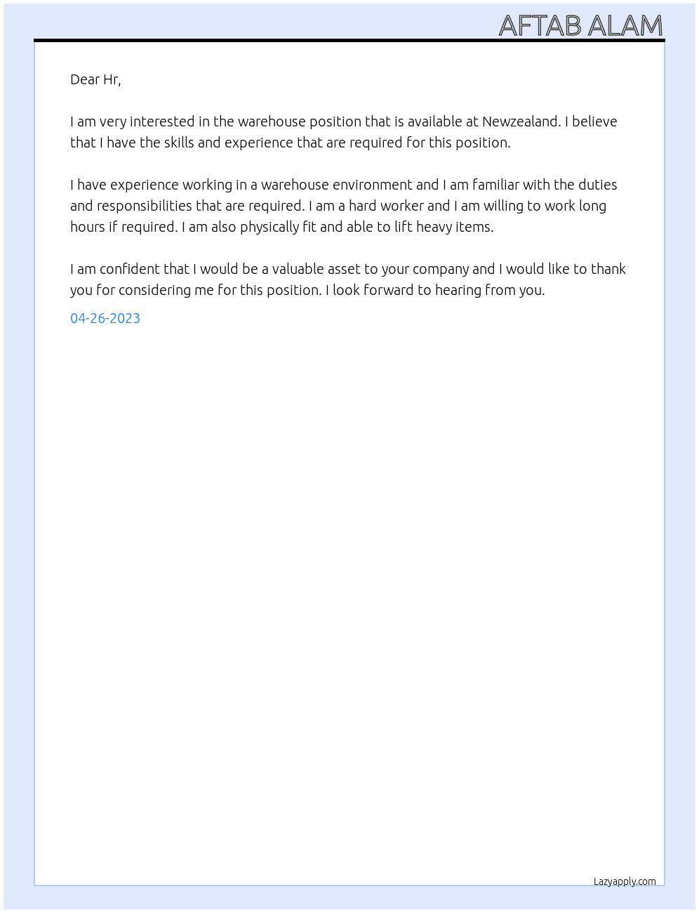 Warehouse  At Newzealand  Cover Letter