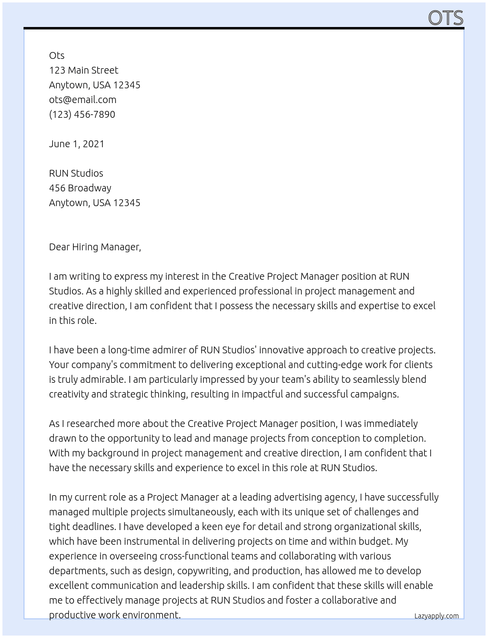 Creative Project Manager At RUN Studios Cover Letter