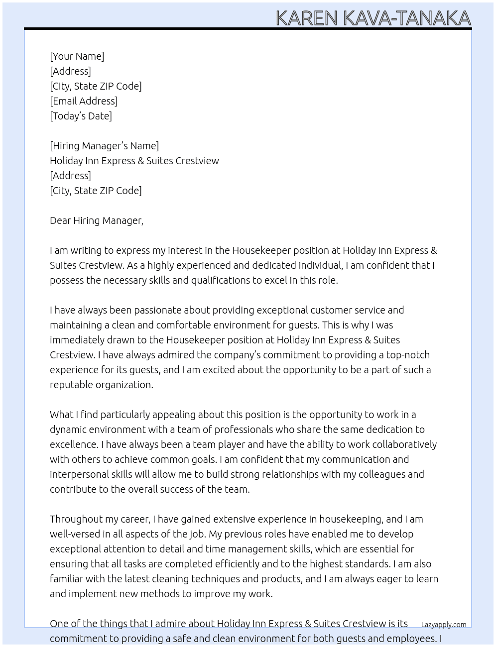 Housekeeper At Holiday Inn Express & Suites Crestview Cover Letter