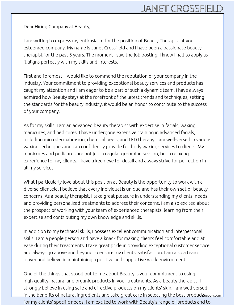 Beauty therapist At Beauty Cover Letter