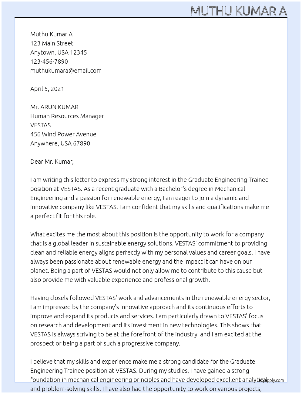 GRADUATE ENGINEERING TRAINEE At VESTAS Cover Letter