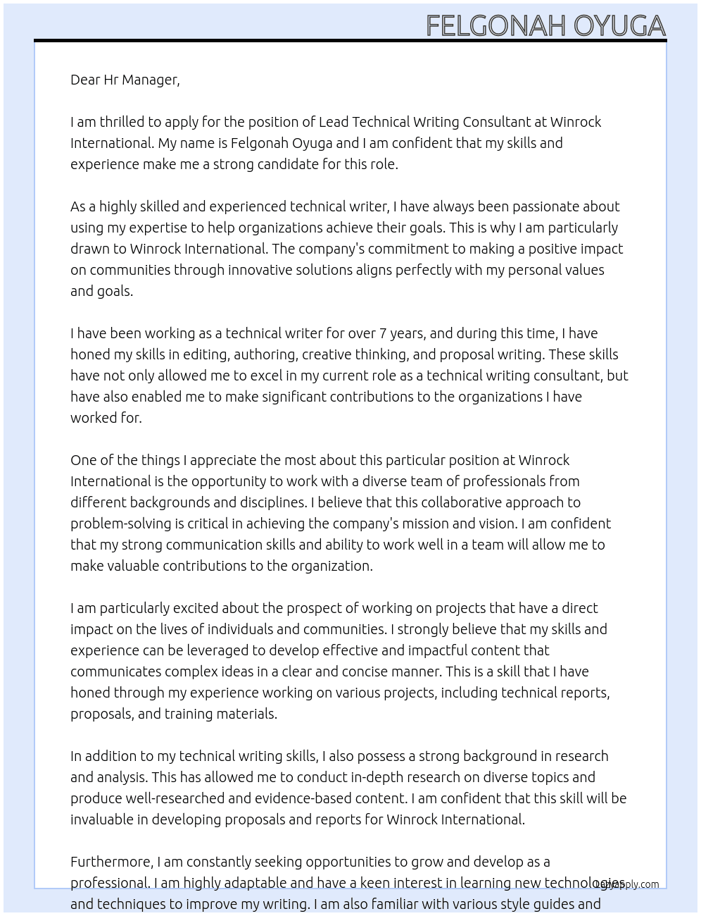 lead technical writing consultant At Winrock International Cover Letter