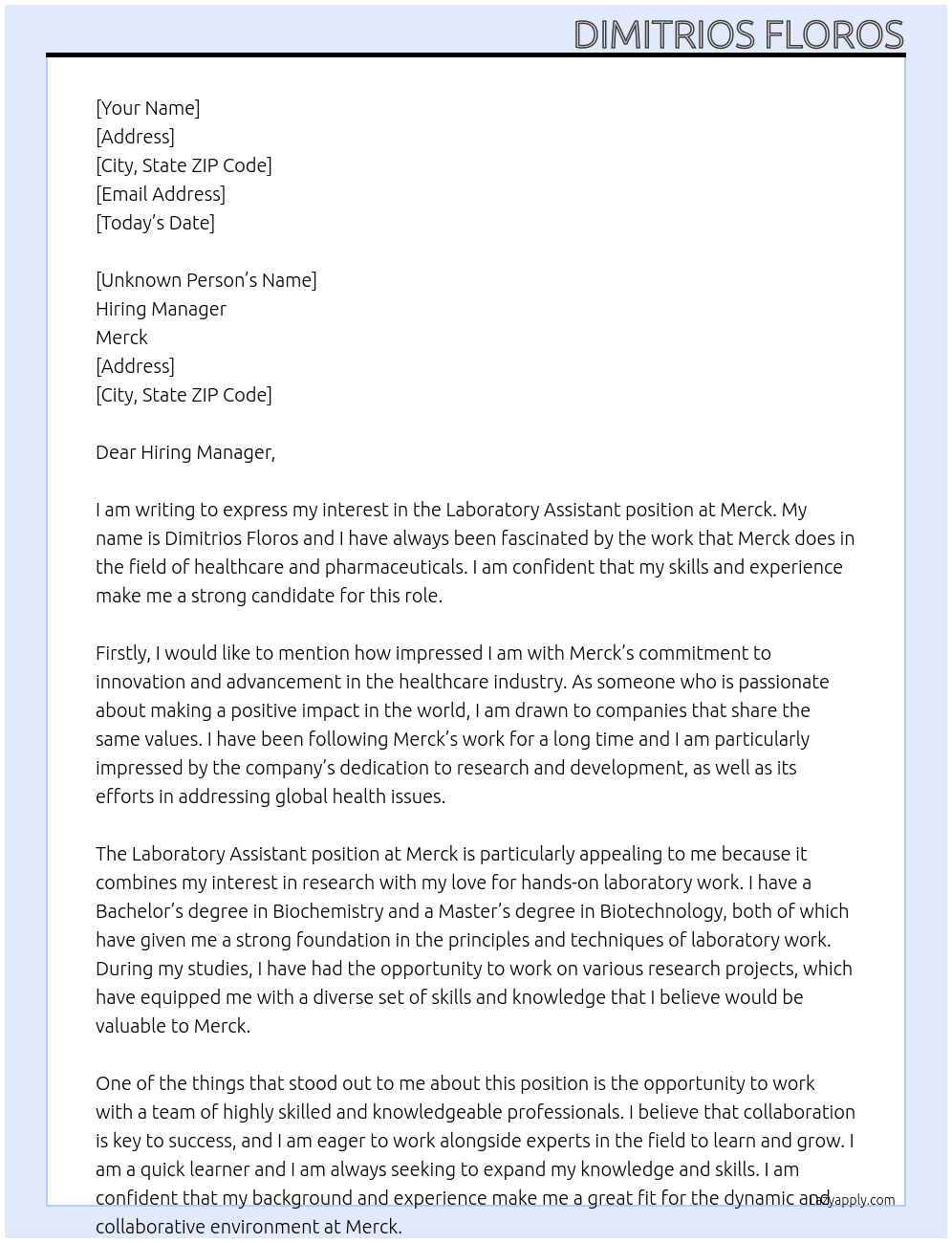 Laboratory assistant At Merck Cover Letter