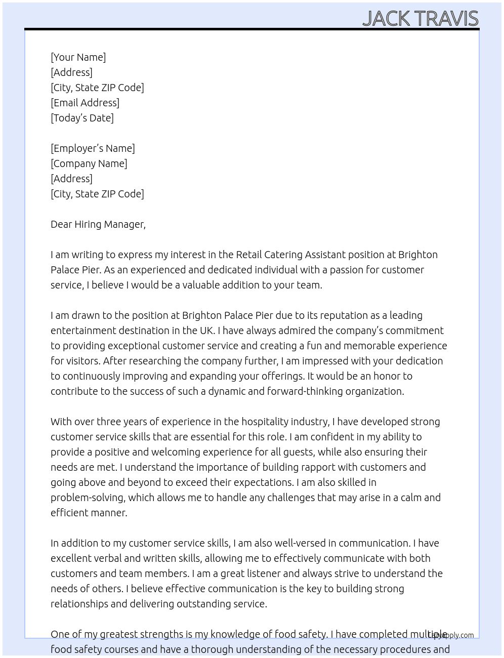 Retail Catering Assistant At Brighton Palace Pier Cover Letter