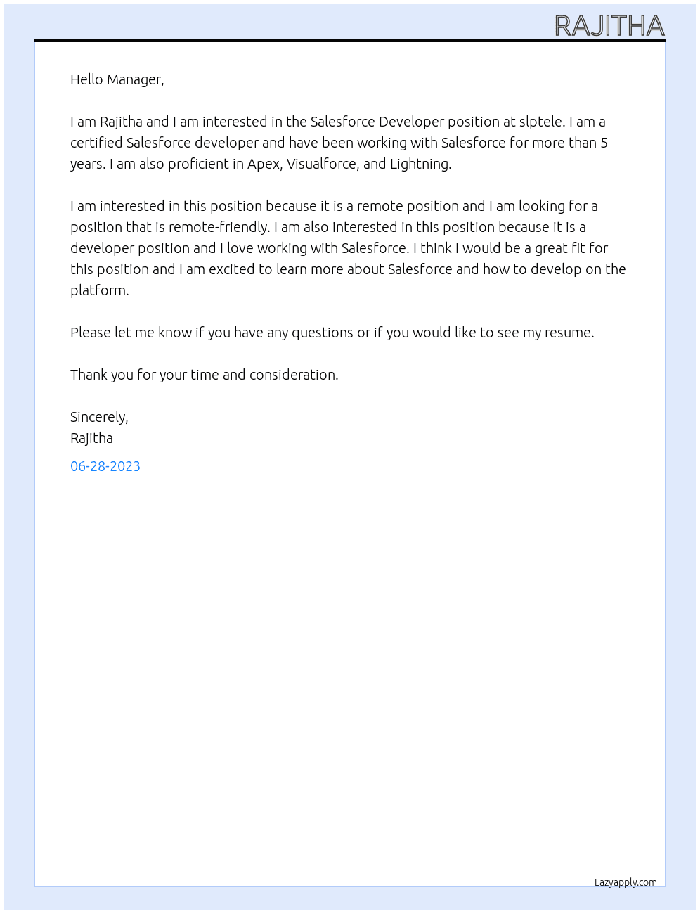 salesforce developer At slptele Cover Letter