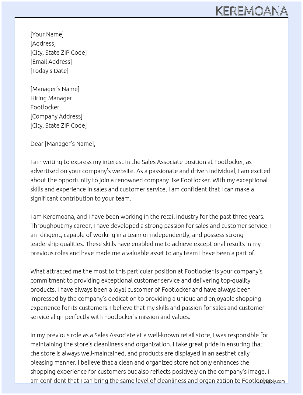 Sales associate At Footlocker Cover Letter