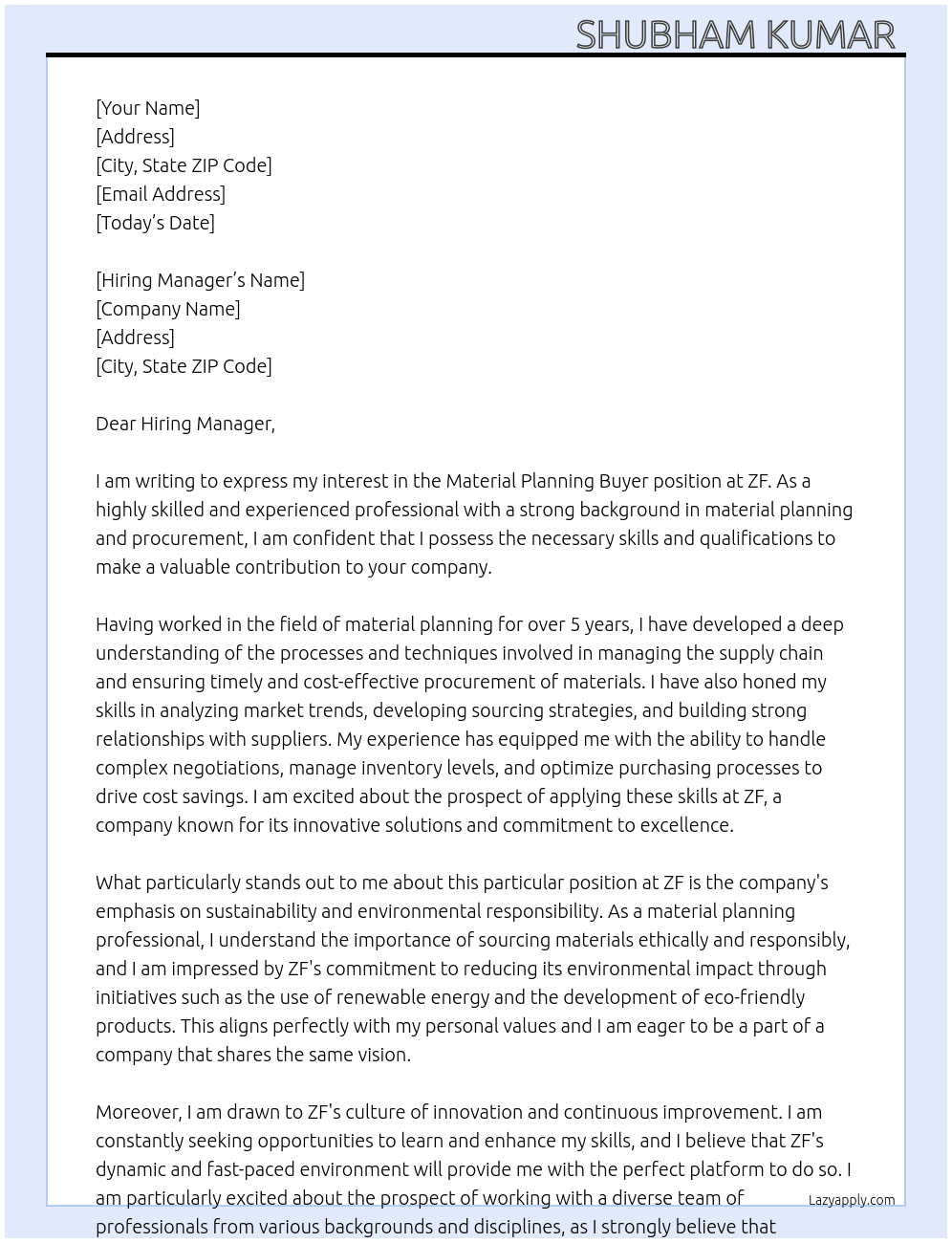 Material Planning Buyer  At ZF Cover Letter