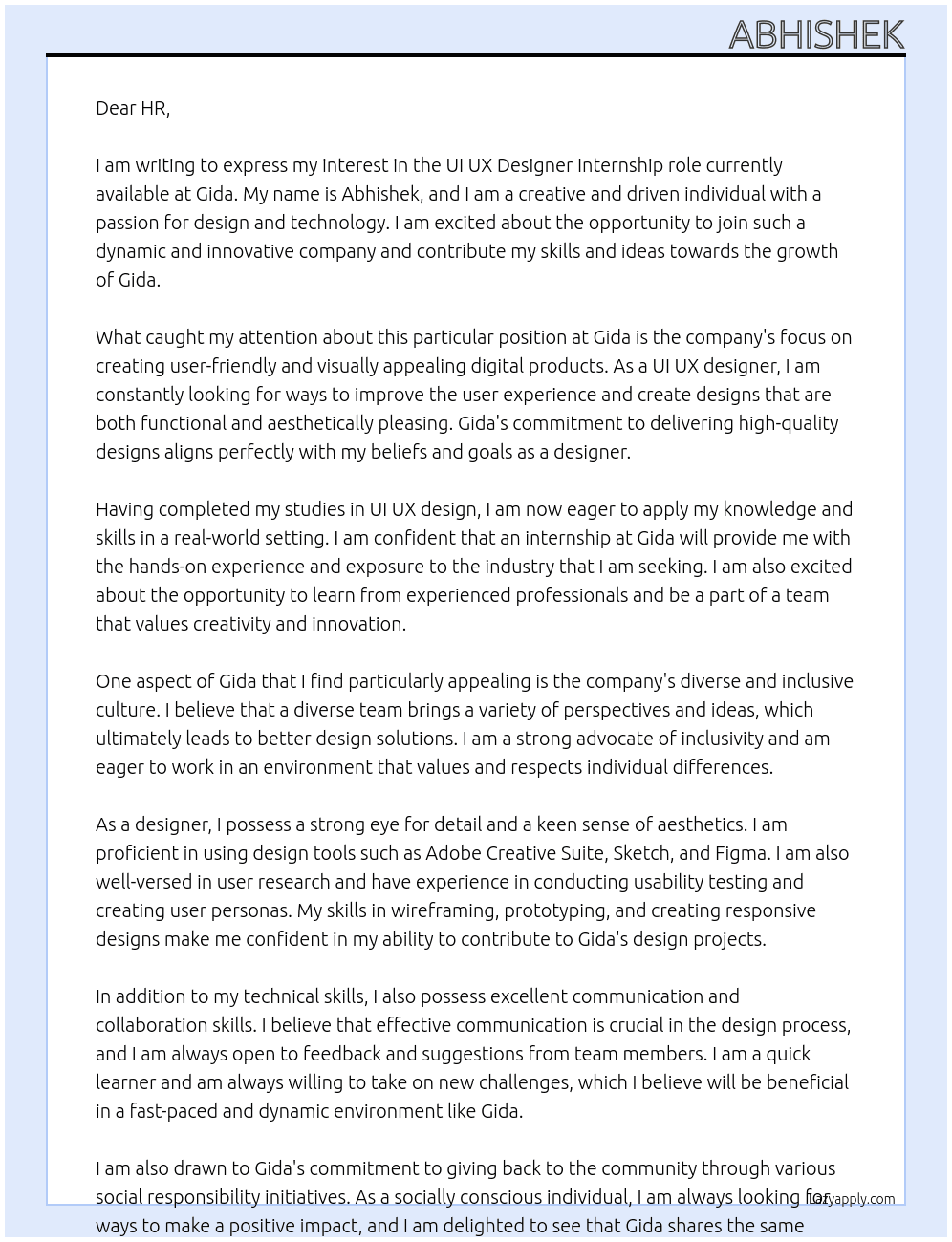 UI UX designer At Gida Cover Letter