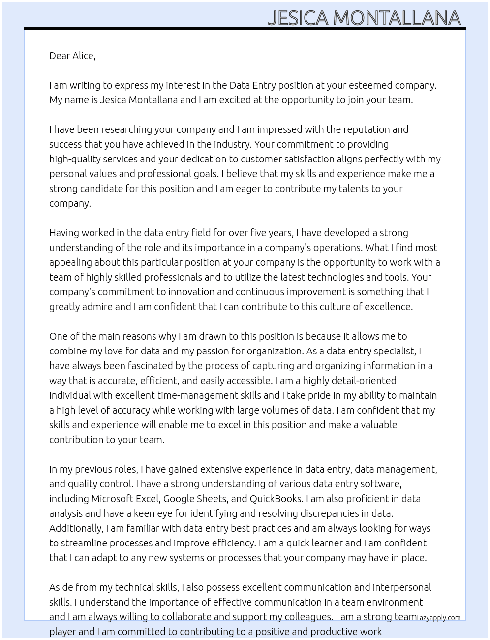 Data Entry  At Alice  Cover Letter