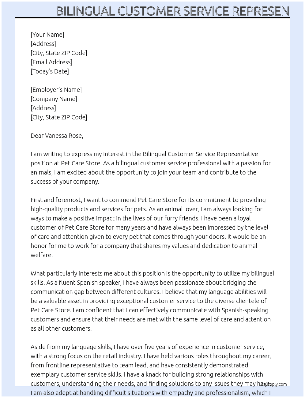 Bilingual Customer Service Representative At Pet Care Store Cover Letter