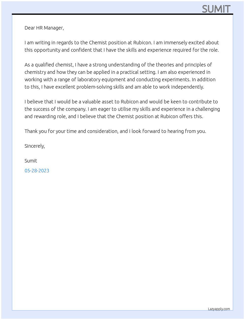 Chemist At Rubicon Cover Letter