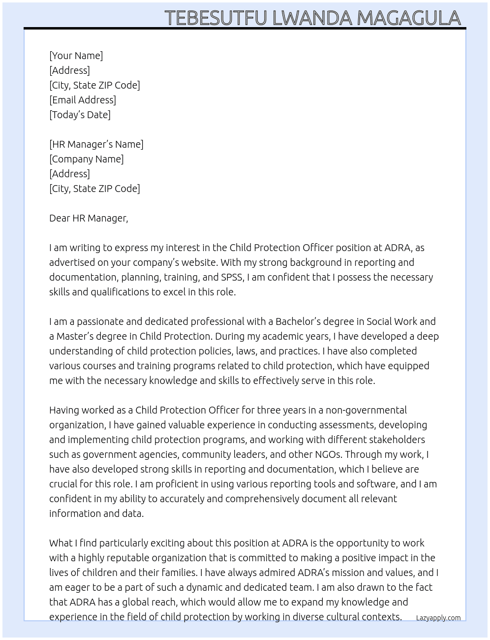 Child Protection Officer  At ADRA Cover Letter